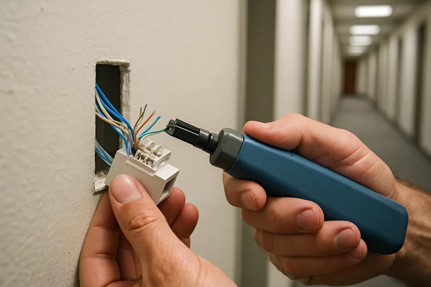 A technician's hands terminating an ethernet wall jack, punch-down tool in frame, office hallway