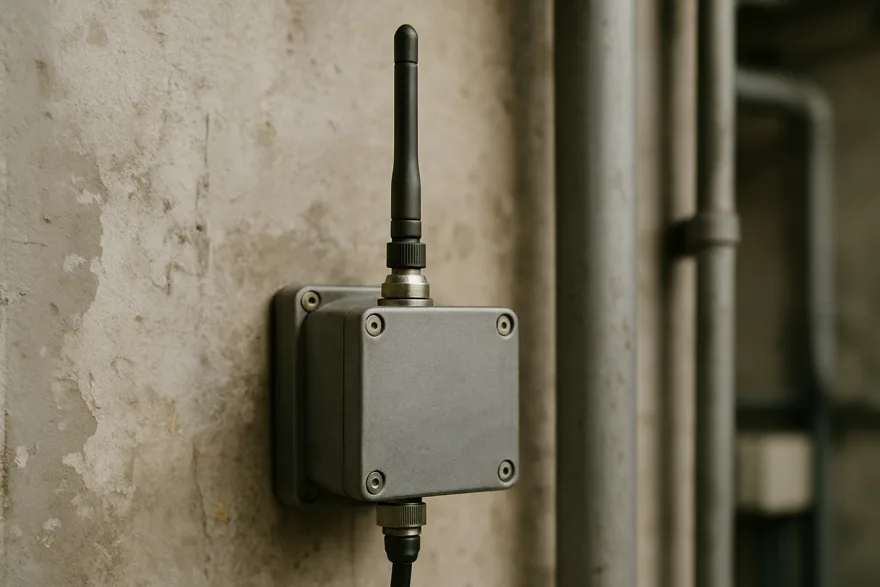 A small cellular antenna adapter box mounted on a wall with a short antenna, utility room setting