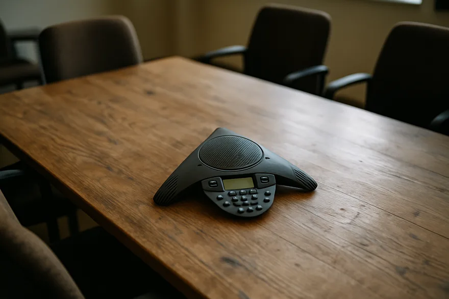 A triangular conference speakerphone in the middle of a wooden meeting room table, chairs around