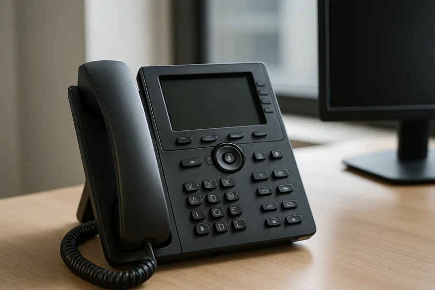 A modern black IP desk phone with a color screen turned off, on a clean office desk beside a monitor