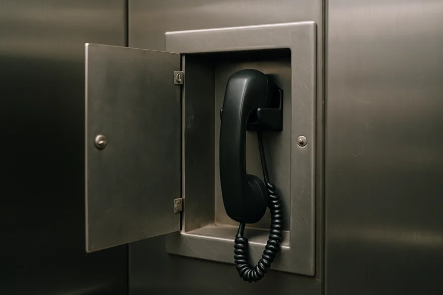 An open elevator emergency phone compartment inside an elevator cab, handset visible, no text