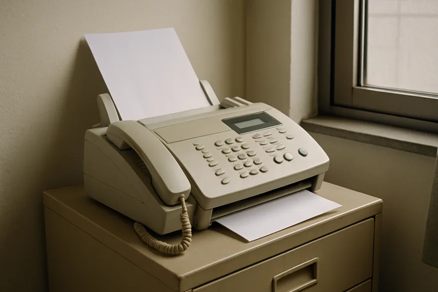 An older fax machine on a filing cabinet in an office corner, paper tray loaded, screen blank