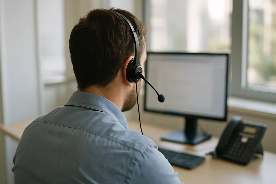 A person seen from behind wearing a telephone headset at a bright office workstation