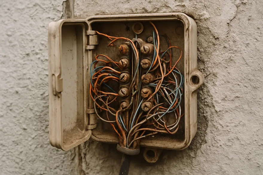 An opened telephone junction box on an exterior wall with old copper wiring pairs, weathered