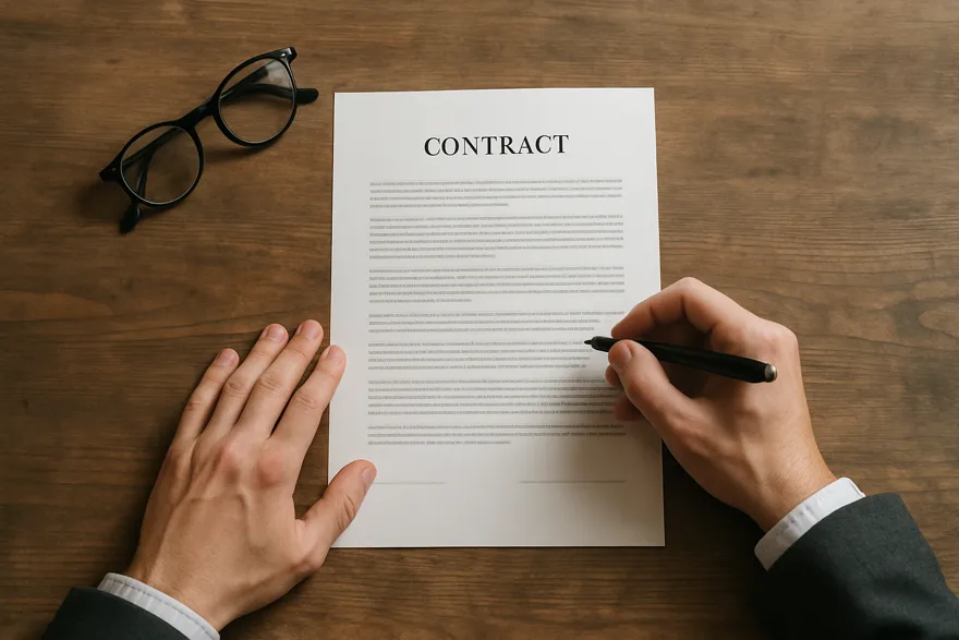 A desk seen from above with a paper contract, pen and reading glasses, hands from behind only