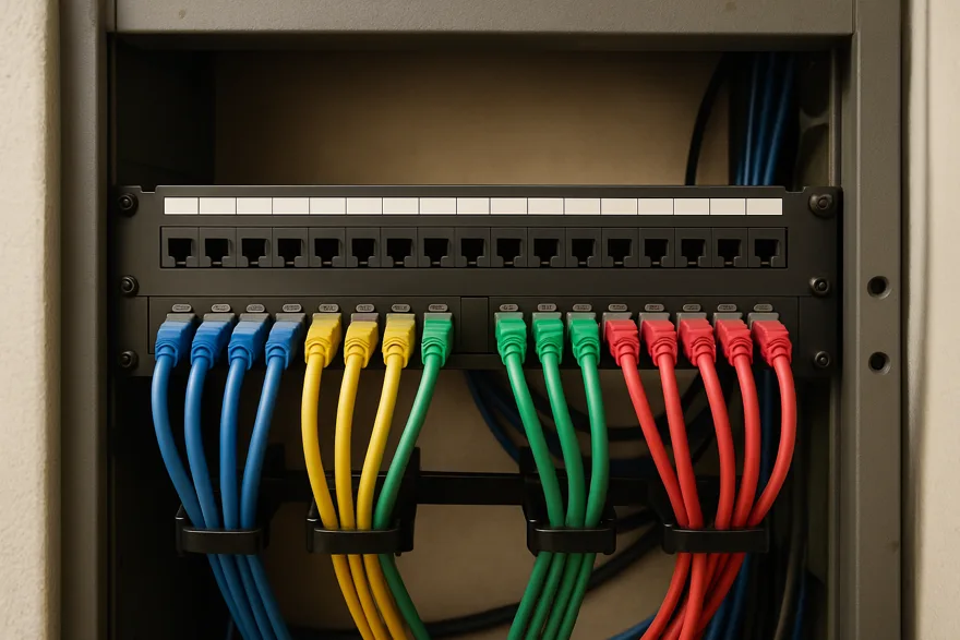 A tidy patch panel with color-coded ethernet cables in a small office network closet