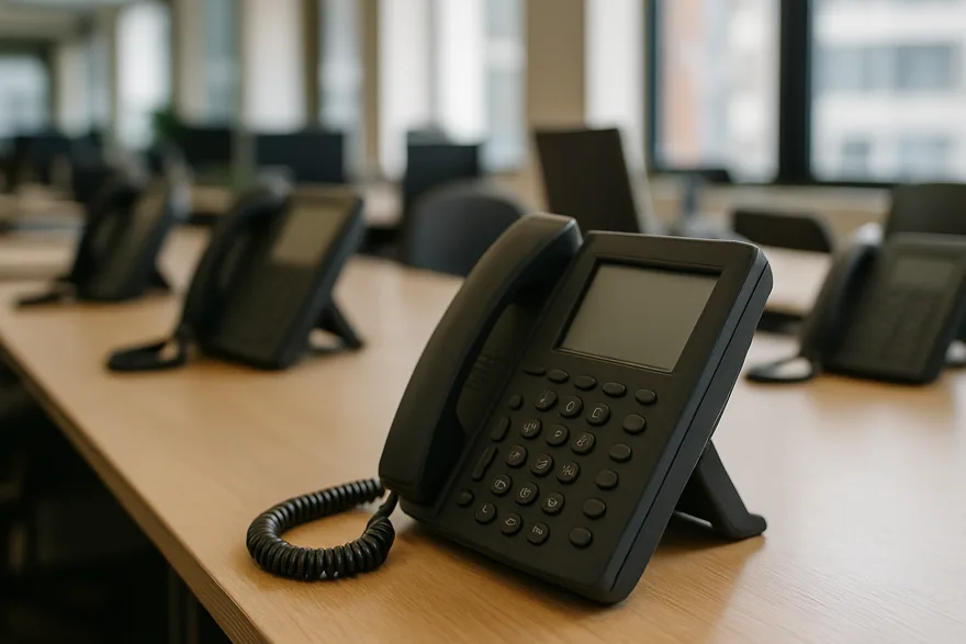 A row of matching IP desk phones on desks in an open-plan office, screens blank, shallow depth of field