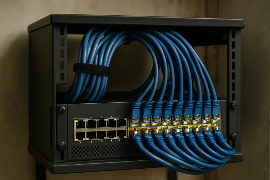 A network switch in a small equipment rack with neat ethernet cables plugged in, blinking lights off