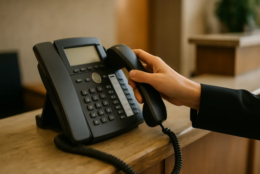 A reception desk with a multi-line desk phone, hands from behind reaching for the handset