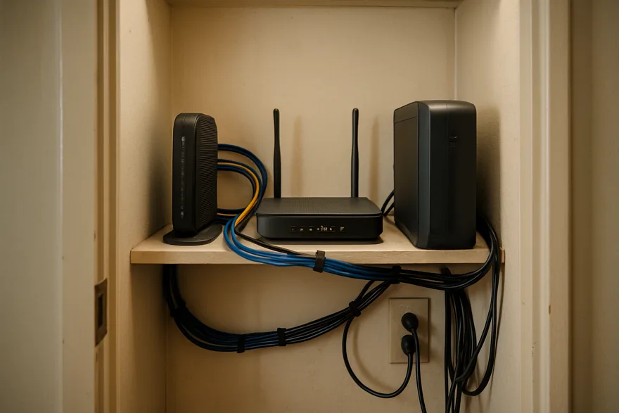 A small office utility closet with a router, modem and UPS on a shelf, cables neatly tied
