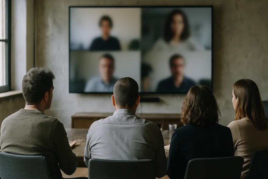 A meeting room seen from the back with a large screen showing a blurred video call, people from behind