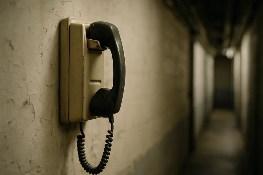 A wall-mounted analog phone in a back-of-house corridor, slightly worn, no signage